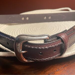Men's Brown Leather Western Style Belt with Silver Buckle